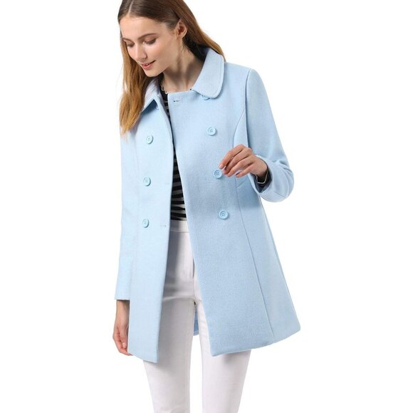 ✨Women's Blue Peter Pan Collar Double Breasted Winter Long Trench Pea Coats - Picture 2 of 7